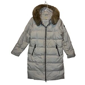 Michael Kors Women's Beige Down Puffer Coat Fur Hood Side Zip Pockets Long Lare
